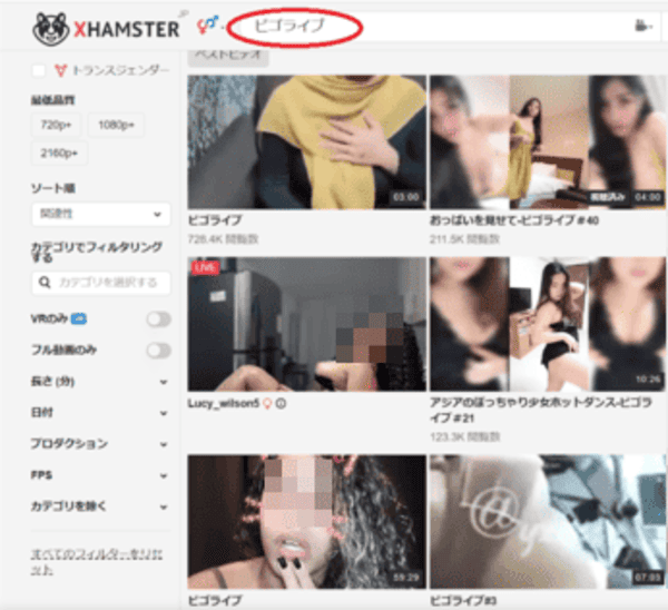 アダルトサイトで「ビゴライブ」と検索した結果